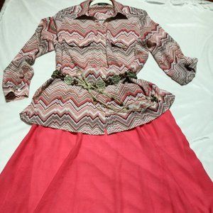 Elementz Womens Size 1X Button Blouse Top Shirt Pockets Roll Sleeve Peach Brown